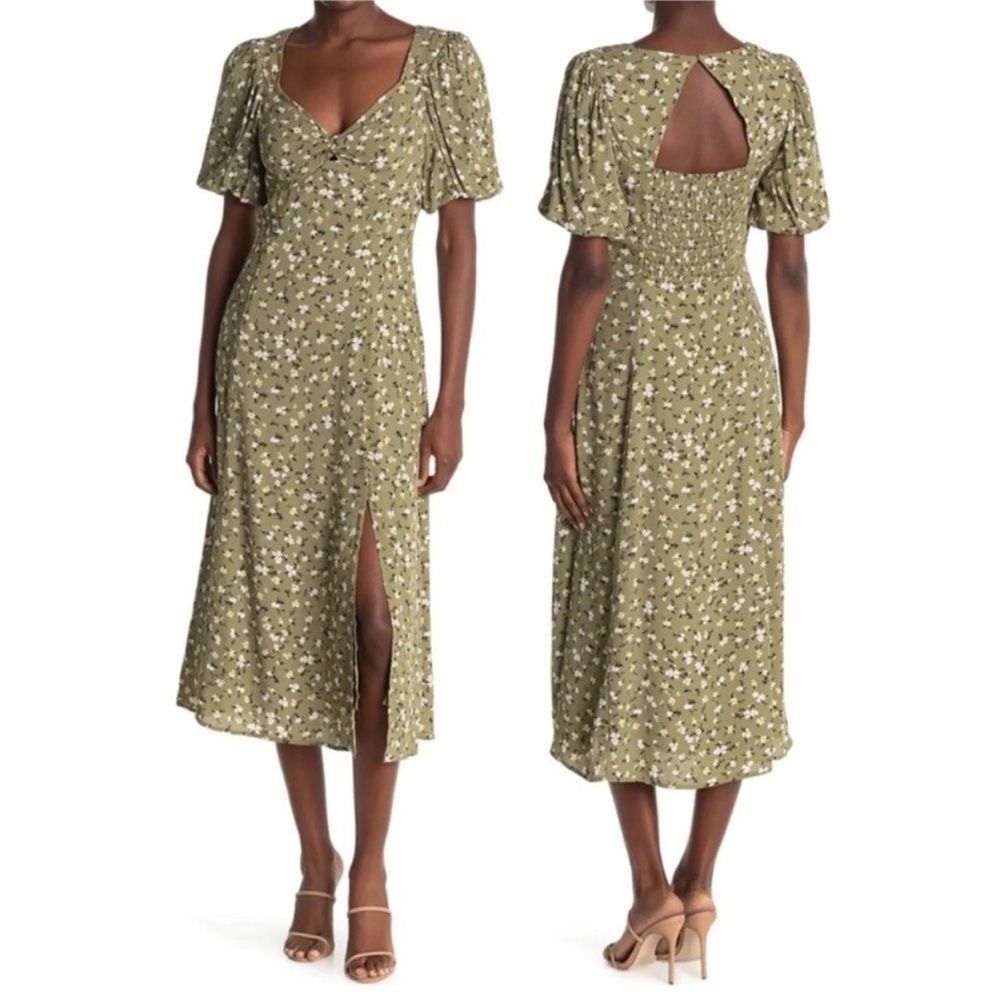 Astr The Label Bubble Sleeve Sweetheart Neckline Sage Ditsy Floral Dress XS NWOT